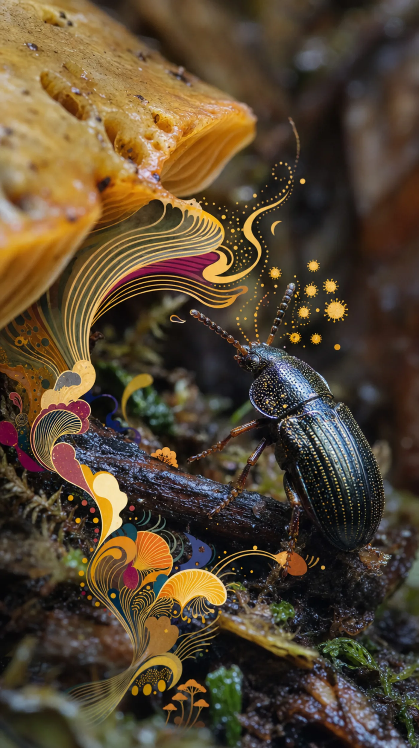 Mushrooms growing among forest debris and insects