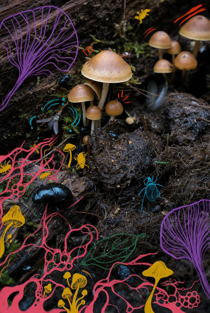 Mushrooms sprouting from decaying wood and animal dung on a forest floor
