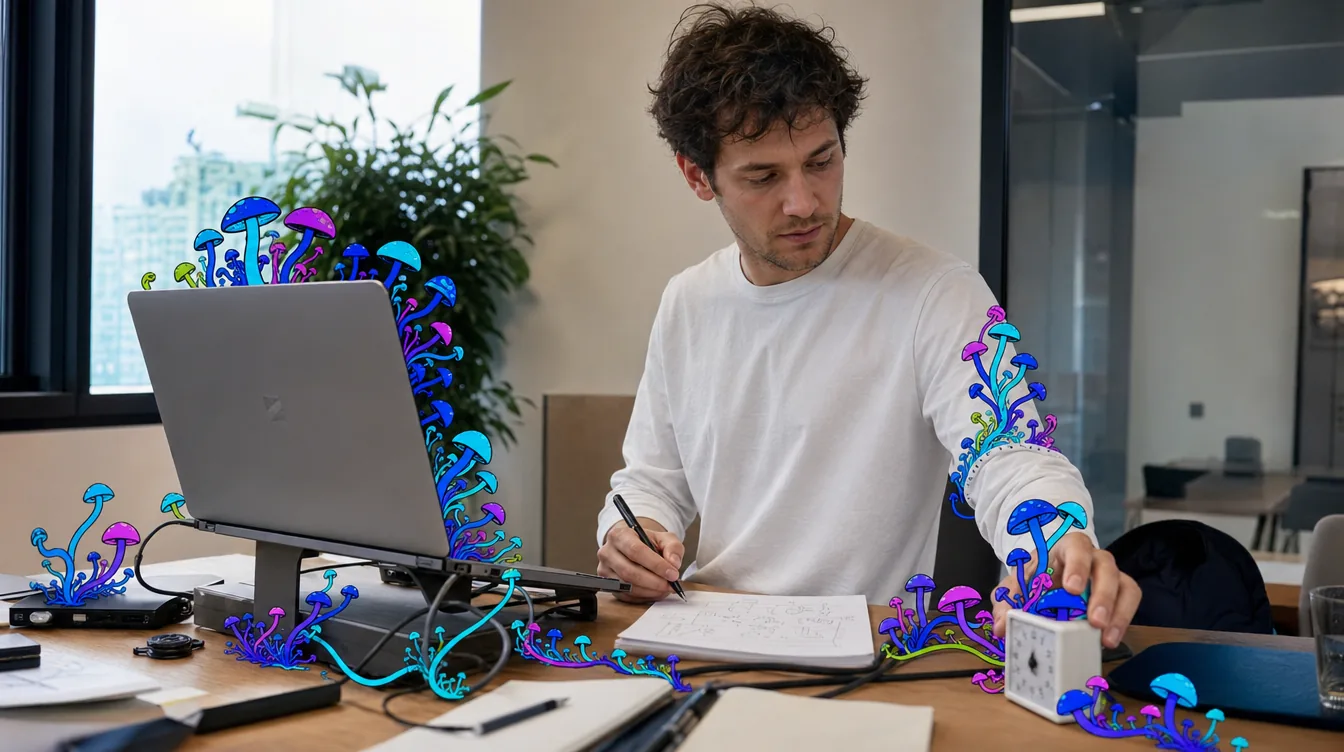A tidy desk with a laptop, coffee, and a small container of capsules