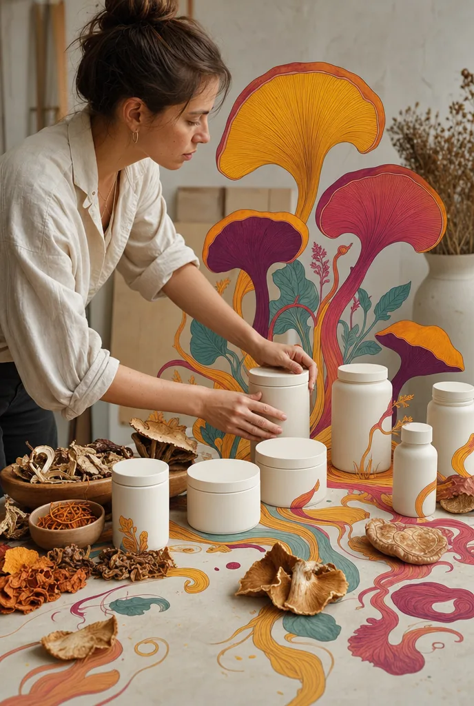 Dried mushroom caps arranged on a neutral surface