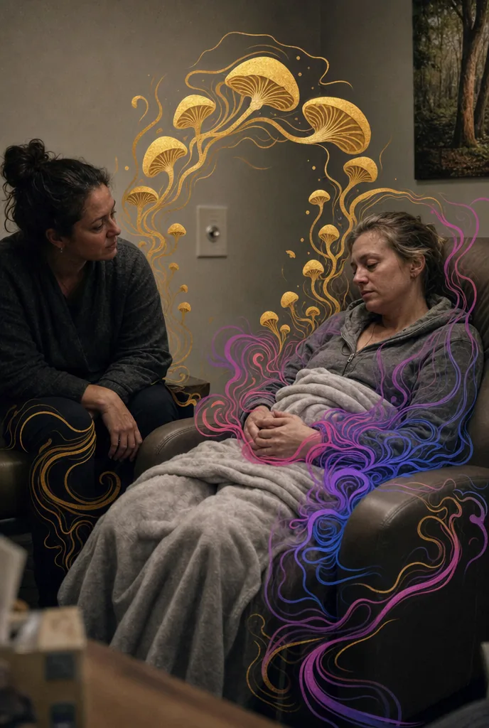 A dim room with a single figure sitting through a difficult moment